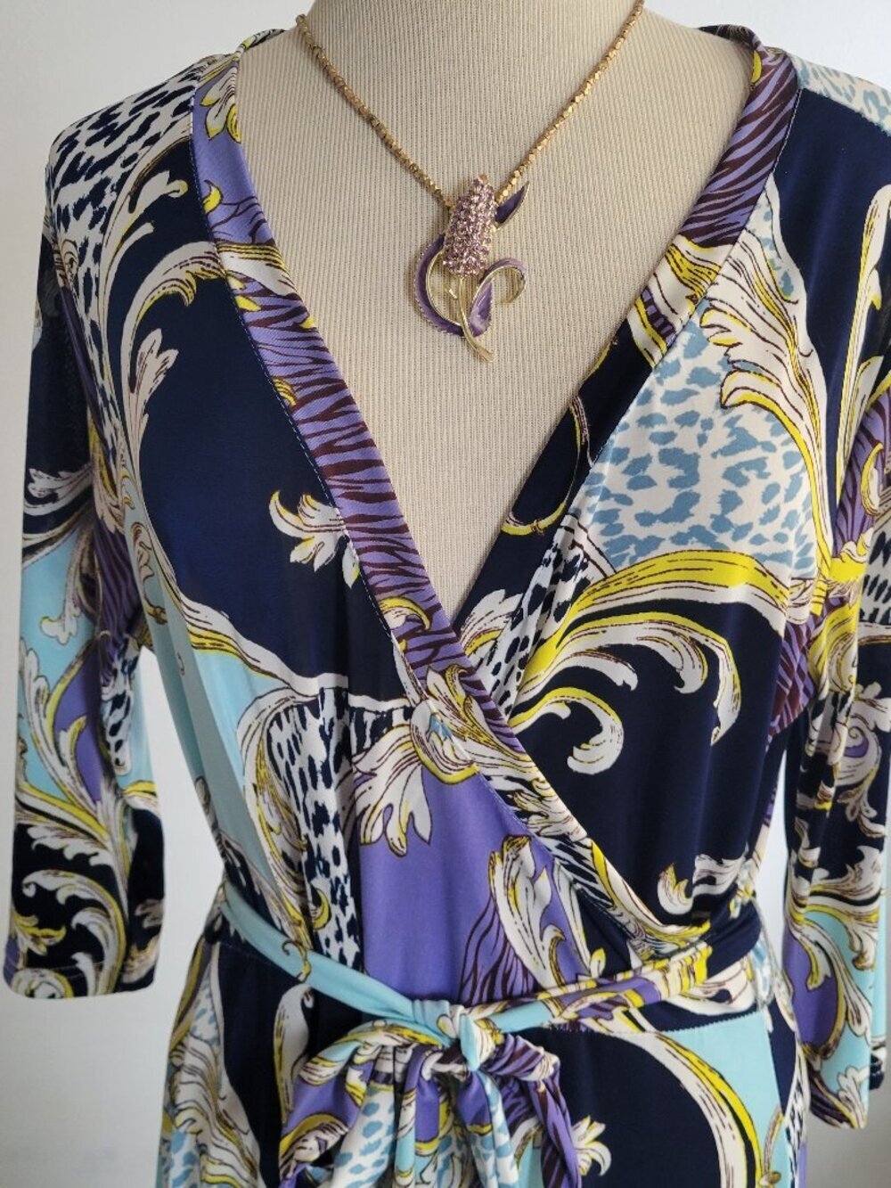 Mille Gabrielle Blue, Purple & Gold Baroque Printed Maxi Dress (Size: L)